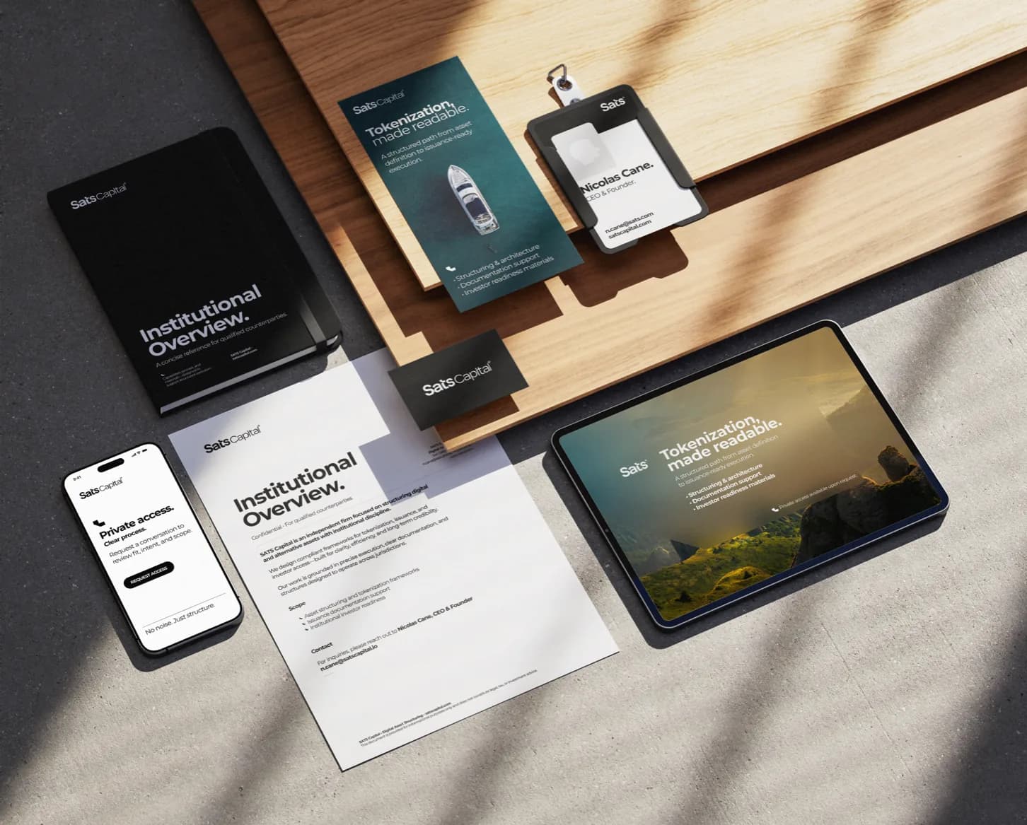 La identidad de SATS Capital: manual, papelería, tarjetas y el sitio en pantalla
